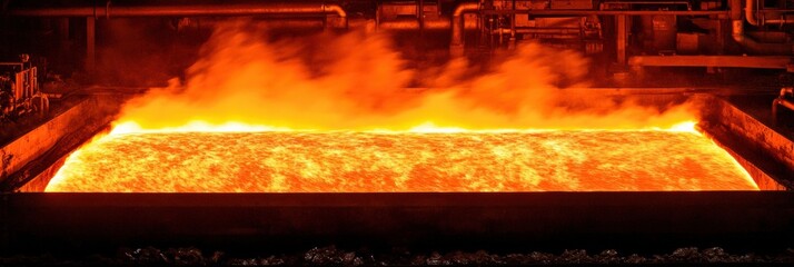 Leinwandbilder - A powerful furnace emits flames and molten steel, showcasing the intense heat of metal production at a manufacturing facility. Generative AI