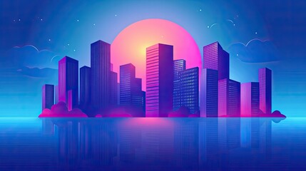 Poster - Neon cityscape at sunset reflected in calm water.