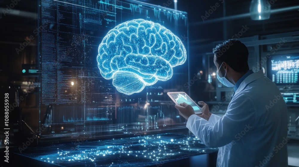 male scientist analyzing holographic brain scans using futuristic ...