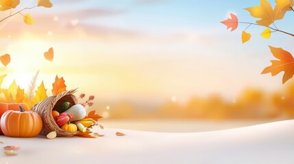 Poster - A harvest-inspired rustic scene with autumn leaves, pumpkins, and a cornucopia filled with fresh vegetables, symbolizing abundance and the spirit of Thanksgiving.