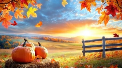 Wall Mural - A picturesque fall setting with large orange pumpkins sitting atop hay bales, surrounded by colorful autumn leaves, and a rustic wooden fence in soft afternoon light.