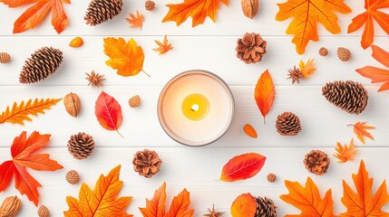 Aufkleber - A simple centerpiece featuring a single large candle surrounded by scattered autumn leaves and pinecones on a natural wood table.