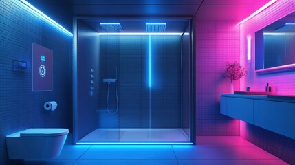 Aufkleber - This sleek bathroom showcases a futuristic smart shower system with vibrant lighting and an advanced touch panel for temperature adjustments. Generative AI
