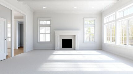 Poster - Empty living room of a vacant home, with clean carpets, white walls, and an inviting fireplace.