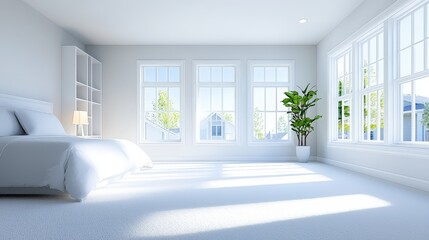 Poster - Empty master bedroom in a new house, with plush carpeting, white walls, and a large walk-in closet.