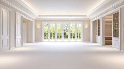 Poster - Empty master bedroom in a new house, with plush carpeting, white walls, and a large walk-in closet.