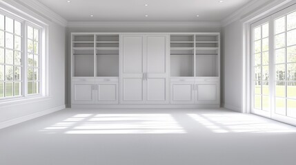 Poster - Empty master bedroom in a new house, with plush carpeting, white walls, and a large walk-in closet.