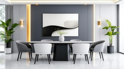 Poster - Modern dining table in a luxurious interior with a gallery wall of art and soft accent lighting in the background.