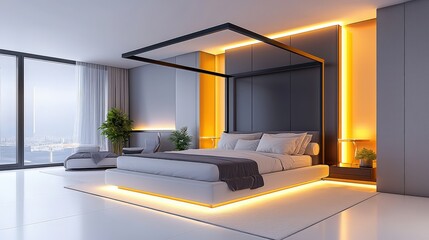 Poster - Modern luxury bedroom with minimalist design, a large canopy bed, and subtle accent lighting creating a warm glow.