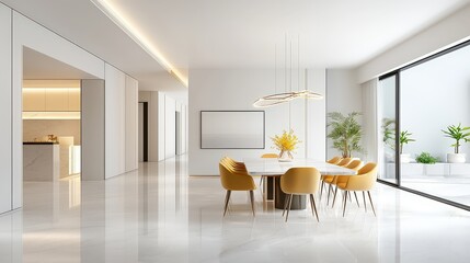 Poster - Modern elegant dining room with clean lines, subtle decor, and a prominent chandelier over a rectangular dining table.