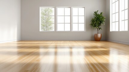 Poster - Spacious, empty living room in a newly built home, featuring neutral walls, polished wood floors, and large windows.