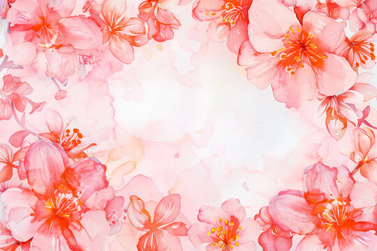 Valentine's Day Frame Decorated with Pink Watercolor Flowers. Beautiful Rectangle Illustration with copy-space.