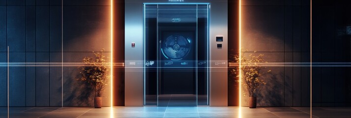 Poster - This high-tech entryway showcases smart security solutions like motion sensors and a fingerprint scanner for enhanced safety. Generative AI