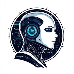 Poster - Futuristic humanoid robot design with a sleek profile and glowing blue features, set against a digital backdrop.