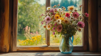 Wall Mural - Bouquet of wild flowers in a vase on the window of an old country house, summer cottage