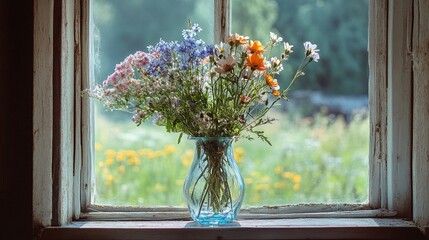 Wall Mural - Bouquet of wild flowers in a vase on the window of an old country house, summer cottage