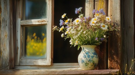 Wall Mural - Bouquet of wild flowers in a vase on the window of an old country house, summer cottage