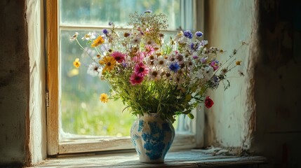 Wall Mural - Bouquet of wild flowers in a vase on the window of an old country house, summer cottage