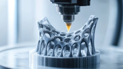 Poster - A close-up of a high-resolution 3D printer nozzle, in the midst of creating a complex model, Additive manufacturing style