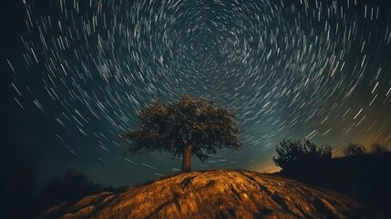Star Trails Over a Tree on a Hilltop