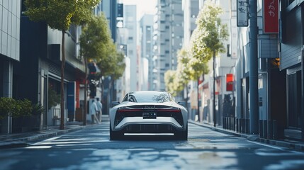 Leinwandbilder - A self-driving car maneuvers through a bustling urban street, guided by sophisticated onboard AI systems for safe navigation. Generative AI