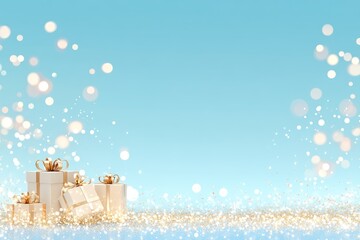 Wall Mural - Sparkling Christmas Banner with Gifts and Glitter Gold Confetti: Horizontal Xmas Design for Posters and Greeting Cards