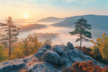 Aufkleber - Golden sunlight spills over peaceful hills and rocky outcrops, creating a serene atmosphere at dawn in nature. Generative AI