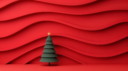 Wall Mural - minimalist christmas tree against a wavy red backdrop.
