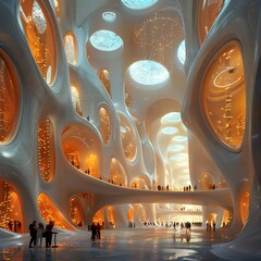 Wall Mural - futuristic organic architecture interior with people, glowing lights, and large oval windows.