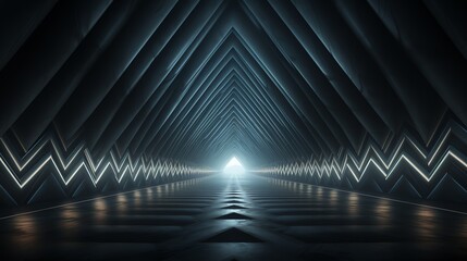 Poster - Futuristic triangular tunnel with glowing neon lines.