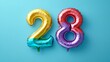 © InfiniteStudio - Bright and colorful rainbow foil balloon number twenty-eight on a blue background for celebration and festive occasions