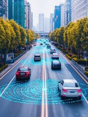 Poster - This urban area features vehicles on a street connected by an AI network, with smart technologies enhancing traffic management and safety. Generative AI