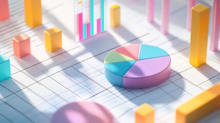 Poster - Vibrant 3D graphs and pie charts in colorful pastels showcase dynamic data visualization, casting playful shadows on a white surface.