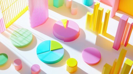 Poster - Colorful 3D geometric shapes and pie charts arranged on a white background with light shining through a window.