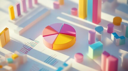 Poster - a colorful pie chart surrounded by various 3d geometric shapes on a white background.