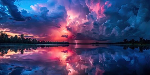 Wall Mural - A Peaceful Lake Reflecting the vibrant red and blue hues of thunderous storm clouds, as lightning crackles across the horizon.