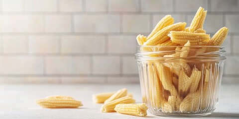 Poster - Delicious fresh yellow baby corns in a glass jar on a white tiled table, close up. Copyspace available.