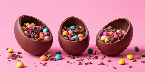 Aufkleber - Tasty chocolate eggs filled with candies on a pink background.