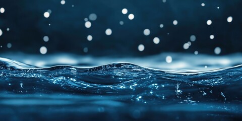 Aufkleber - Natural black water surface wave background featuring a blurred filter for a soft motion effect, with abstract white bubbles reflecting trendy neon lights in a dark ocean blue graphic and copy space.