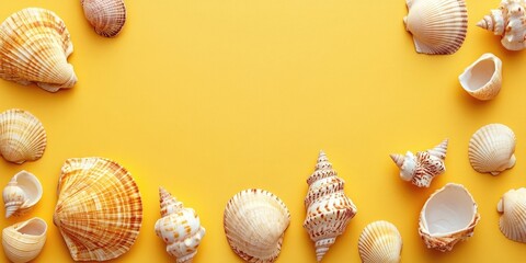 Poster - Flat lay of seashells on a yellow backdrop. Copy space.
