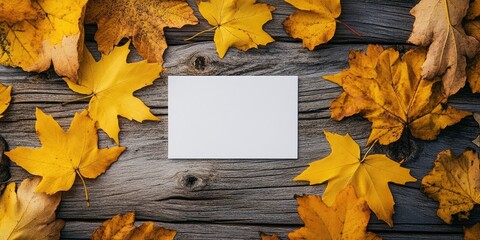 Aufkleber - Yellow leaves on a wooden background in autumn with white paper for copy space, colorful mock-up.