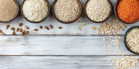 Poster - A variety of groats on a white wooden table, top view, copy space.