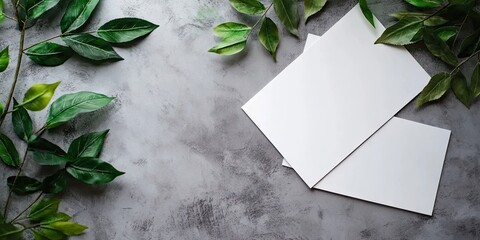 Leinwandbilder - Arrangement of leaves and white watercolor paper sheets on a gray concrete surface. Tree branches with leaves and blank cards. Nature mockup, ecology poster. Top view, flat lay, close-up, copy space.