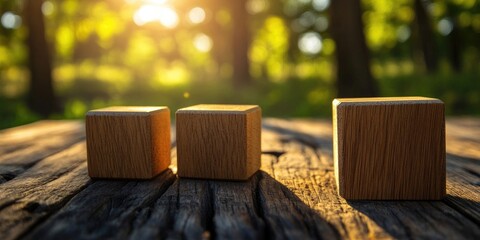 Leinwandbilder - Empty wooden cubes positioned on a wooden table with a natural background.