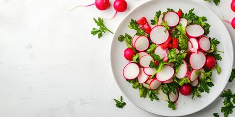 Canvas Print - Fresh radish salad with parsley on a white background. Top view, copyspace. Spring and summer vegetable salad on a white plate.