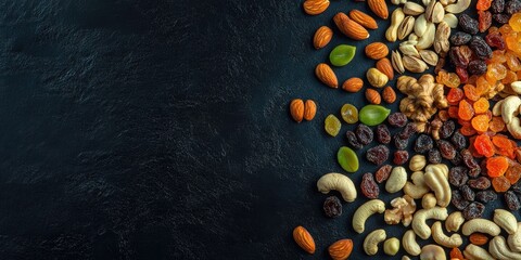 Poster - A variety of nuts and dried fruits on a dark background. Healthy food and snack option. Top view with copy space.