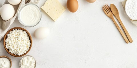 Aufkleber - A variety of dairy products on a white surface, including cottage cheese and eggs, cream and soft cheese against a white backdrop, milk, spreadable cheese for sandwiches, wooden utensils, copy space.