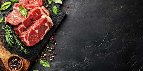 Poster - A cut of meat and sliced pieces on a black background and black wooden board, featuring herbs and pepper, with space for text.