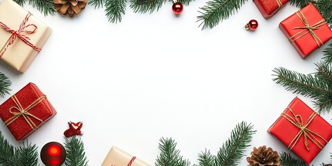 Aufkleber - Christmas arrangement. Gifts, fir tree branches, red ornaments on a white background. Christmas, winter, New Year theme. Flat lay, top view, copyspace.