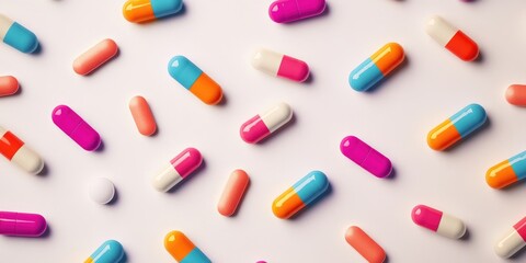 Aufkleber - High-angle perspective of vibrant pills on a white background.